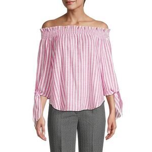 Michael Kors Women Pink Striped Linen Cerise Off-the-Shoulder Blouse Size M